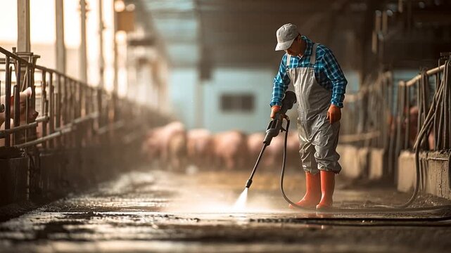 Asian Worker Cleaning Indoor Pig Farm with Pressure Washer
