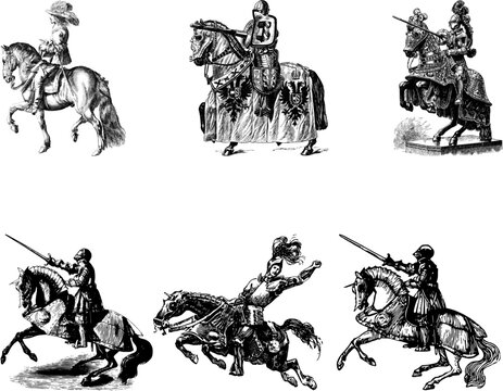 Six detailed illustrations of medieval knights in full armor on horseback, ready for jousting or battle.