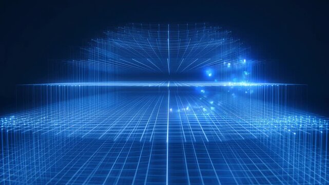 Abstract blue geometric grid pattern evokes futuristic digital landscape or cyberspace