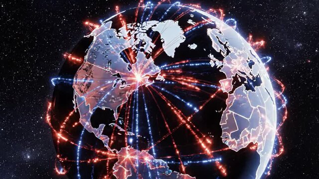 Global digital network connectivity on Earth, showing data flow and communication across continents in space