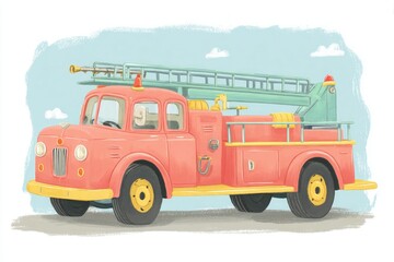 Montessori style fire truck,  children's poster illustration,