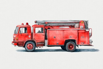 Watercolor fire truck, children's poster illustration, 