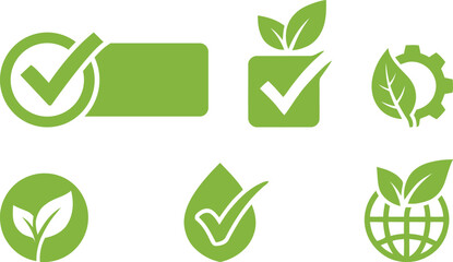 Obraz premium Green Eco Check Mark Icons Set with Leaf Globe and Recycling Symbols Vector Collection