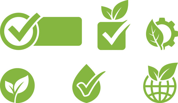 Green Eco Check Mark Icons Set with Leaf Globe and Recycling Symbols Vector Collection
