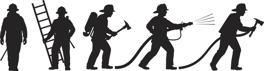 Firefighter silhouette illustration, emergency response action poses, fire truck ladder hose axe teamwork, rescue safety protection concept design