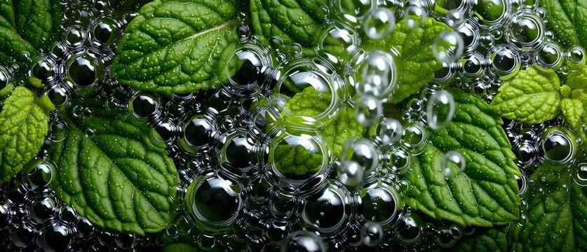 Fresh green mint leaves submerged in water with many shimmering bubbles rising around them