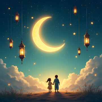 A beautiful scene featuring children under a crescent moon lit sky with lanterns and stars.