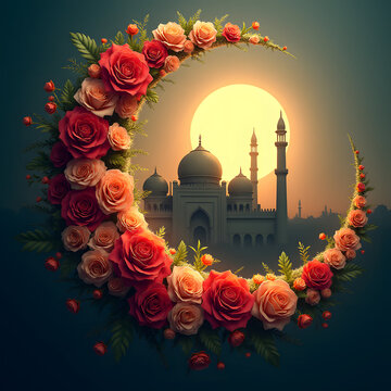 Flower arrangement with a mosque background, symbolizing peace and tranquility.
