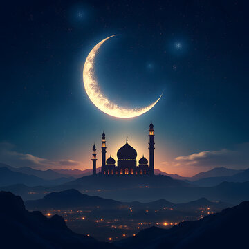 A crescent moon above an illuminated mosque.