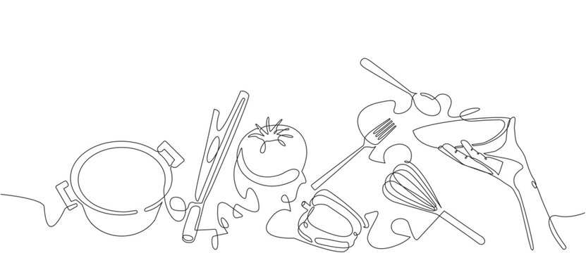 Culinary vector illustration. Isolated linear art with food and utensils. Cooking background.
