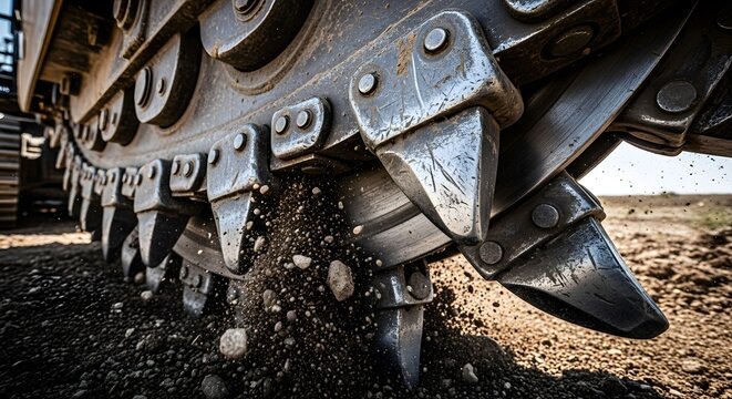 Close-up of a heavy-duty industrial trencher machine cutting through the earth.