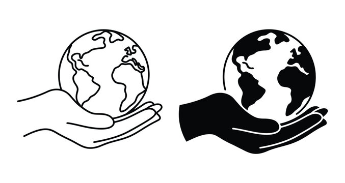 Hand holding world globe icon, vector illustration symbolizing global care, environmental protection, international support, sustainability, and global responsibility for education, charity, and aware