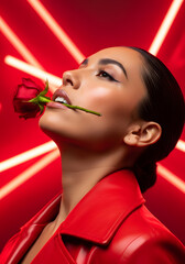 Fototapeta premium Artistic Portrait Of A Woman Holding A Red Rose In Her Mouth Neon