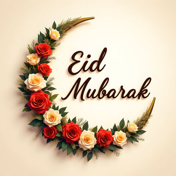Floral crescent moon design with flowers and text "Eid Mubarak".