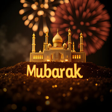 A gold and brown mosque is illuminated by fireworks, creating a festive atmosphere.