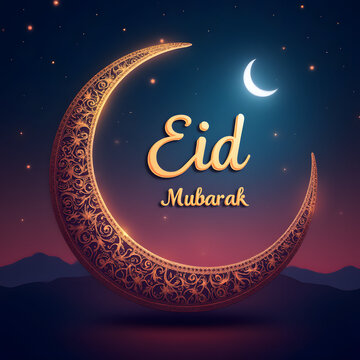 Luminous crescent moon with ornate moonlight on a starry night sky background, with "Eid Mubarak" written in ornate script.