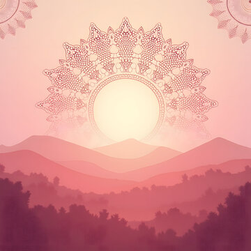 A serene pink and purple landscape with a sunburst pattern.