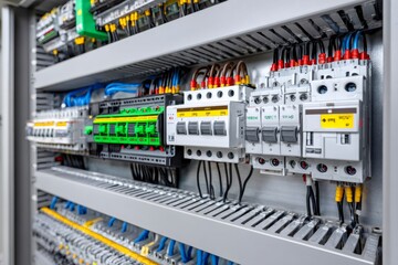 Electrical control panel with wires and circuit breakers