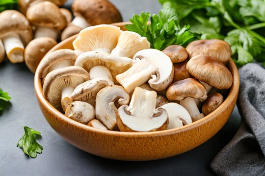 Fresh variety mushrooms in wooden bowl with parsley
