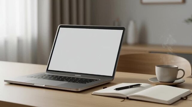 Laptop on desk with notebook coffee.