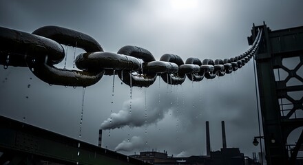 Naklejka premium Heavy Industrial Chain Against a Stormy Sky with Smoke Stacks.