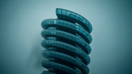 Modern Spiral Glass Building Ascending into an Overcast Sky
