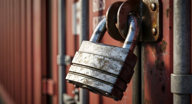 Heavy Duty Padlock Securing a Shipping Container Door.