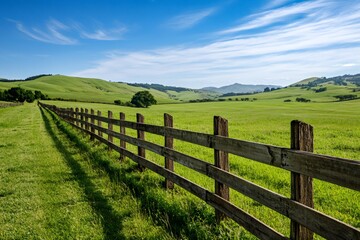Fototapeta premium Wooden fence dividing green rolling hills pastureland