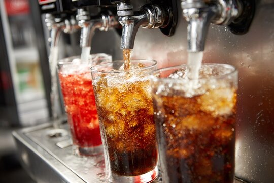 Pouring cold fizzy soda drinks from fountain dispenser