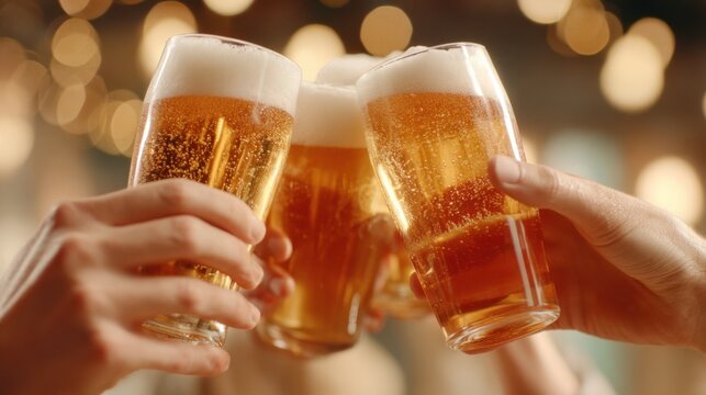 Hands clinking pints and glasses in an Irish pub with warm lighting and a soft background
