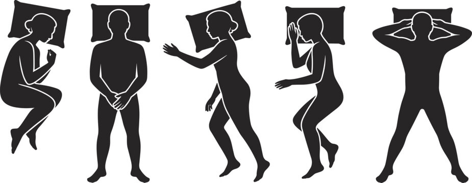 Sleeping positions silhouettes, people resting on pillows, various sleep postures, health lifestyle concept, relaxation, comfort, insomnia, bedtime illustration, slumber, rest