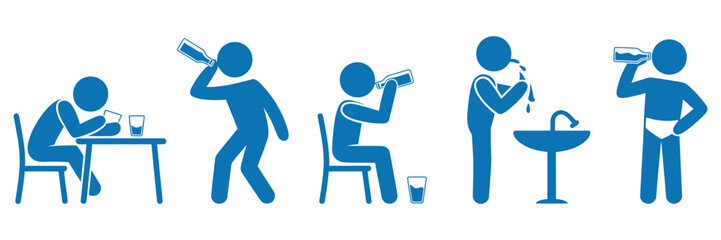 Fototapeta premium Five diverse pictograms of people drinking water from bottles and a fountain, representing hydration and refreshment, healthy lifestyle concept