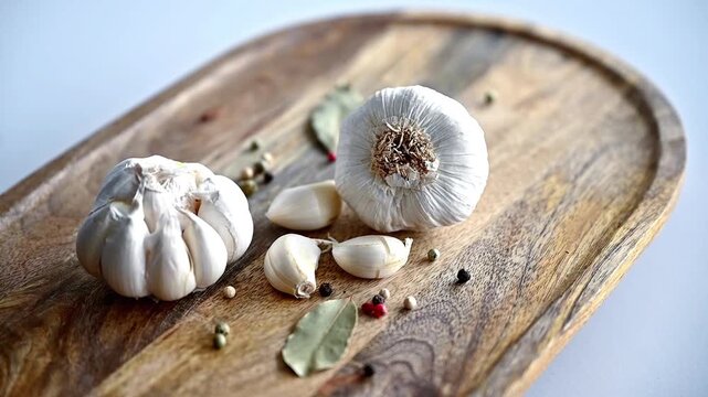 Fresh garlic bulbs placed on a rustic wooden board.