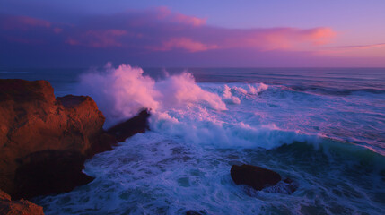 Fototapeta premium A dramatic seaside cliff sunset scene with rich colors and powerful ocean energy.
