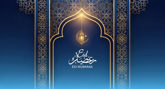 Elegant blue eid mubarak background with golden mosque arch silhouette decorative floral patterns and hanging lantern light