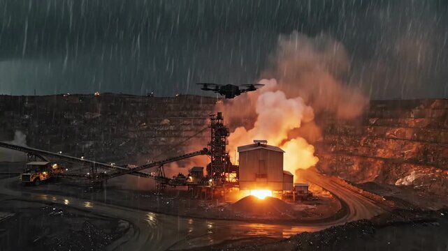 Industrial mining site operating during heavy snowfall with plumes of steam and dust