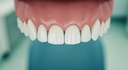 Obraz premium Close-up of a flawless set of upper teeth with pink gums, focused on healthy dental structure