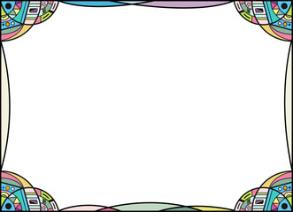 ステンドグラス風のカラフルな装飾フレーム ポップな幾何学模様と曲線ラインの四隅飾り枠