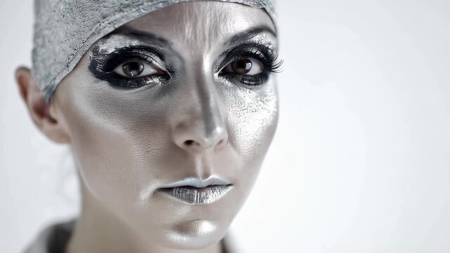 Woman with silver makeup and bald head stares directly at the camera in a bright, simple setting during a creative art project