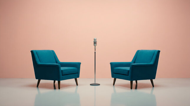 Professional broadcast or podcast interview studio setup with two modern teal armchairs and a vintage-style microphone on a minimalist peach background.