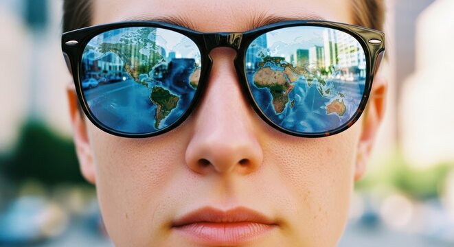 Close-up of person wearing sunglasses reflecting a world map and city view