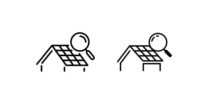 Two simplified icons showing magnifying glass over roof tiles, one with clear lines and other with grid pattern, symbolizing inspection