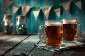 Two mugs filled with brown beer sit on a wooden table near green decorations and glass jars during a festive gathering