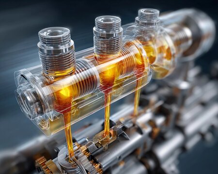 Engine components display showing oil flow through pistons and valves in a mechanical setting