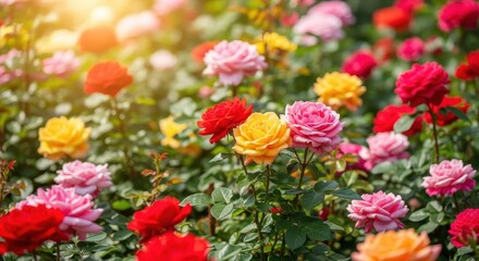 Lush garden full of vibrant rose blossoms illuminated by warm, bright summer sunlight, symbolizing romance and peak seasonal beauty, texture, bright, romance