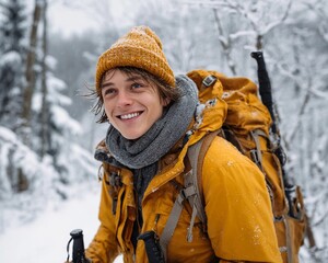 Fototapeta premium Young hiker smiles while exploring snowy forest in winter with backpack and warm clothing