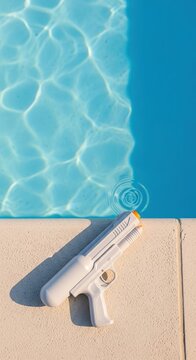 Water gun resting by a swimming pool with blue water  