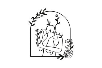 Fototapeta premium Mother Lifting Baby in Floral Arch Frame Line Art Design