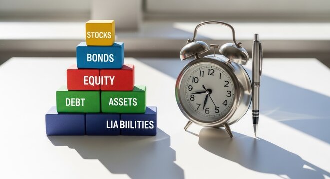 Investment concept, blocks stacked like a pyramid, with a clock and pen, on a table