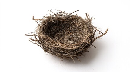 A testament to nature's resilience and ingenuity - a bird's nest crafted with precision against the stark white background.